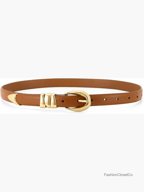 Skinny Leather Belt with Shiny Gold Buckle for Jeans Pants Dresses main image 5